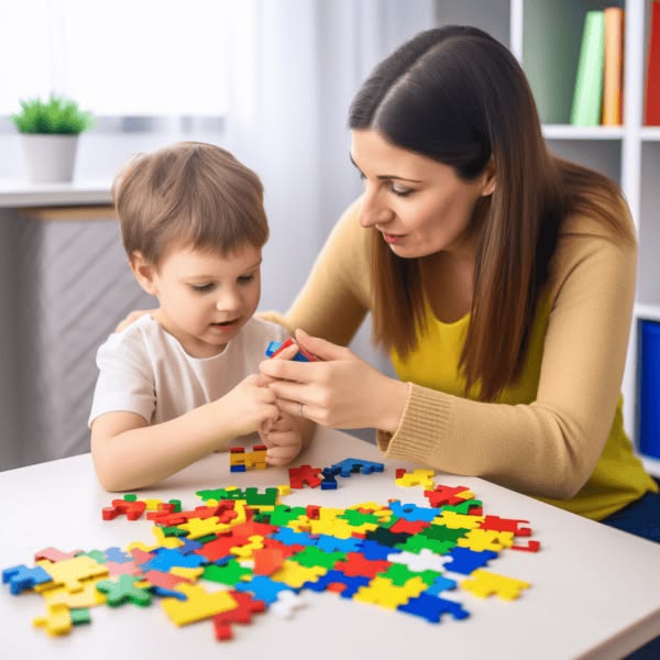 Mamá jugando y conectando con su hijo con autismo